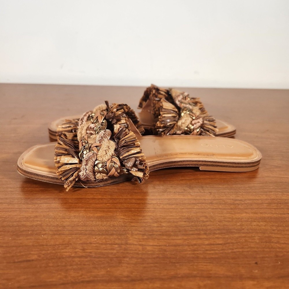 Aldo Women's Fringe Rattana Flat Slide Sandals Brown Size 6 •• like new